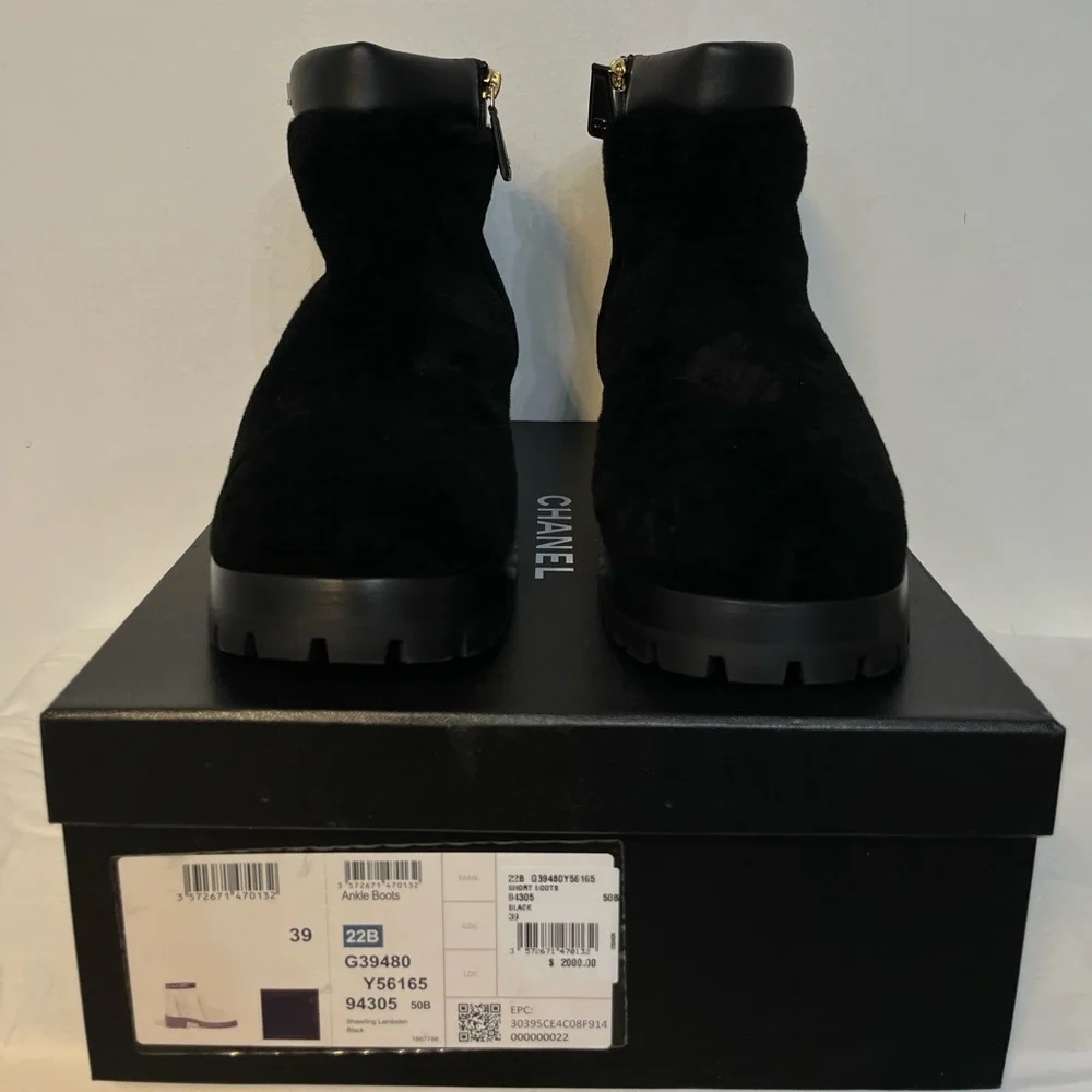 CHANEL Black Shearling Ankle Booties with Logo Cuff